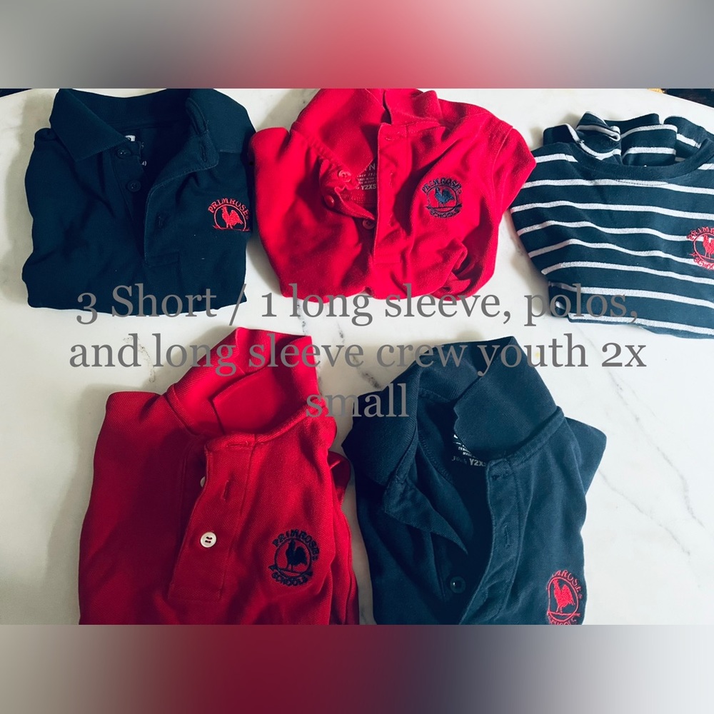 Primrose uniforms: short sleeve polos, long sleeve polo and a long sleeve crew